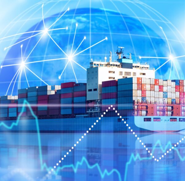 Container ship for cargo delivery. Sea vessel near globe. Ocean freight growth chart. Container ship on blue. Supply lines on planet. Container ship international transport company.